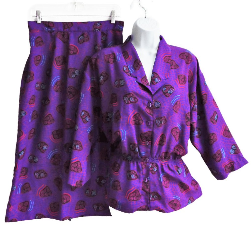 Vintage 70s Skirt Set Blouse Purple Geo Smocked Waist ILGWU Canada